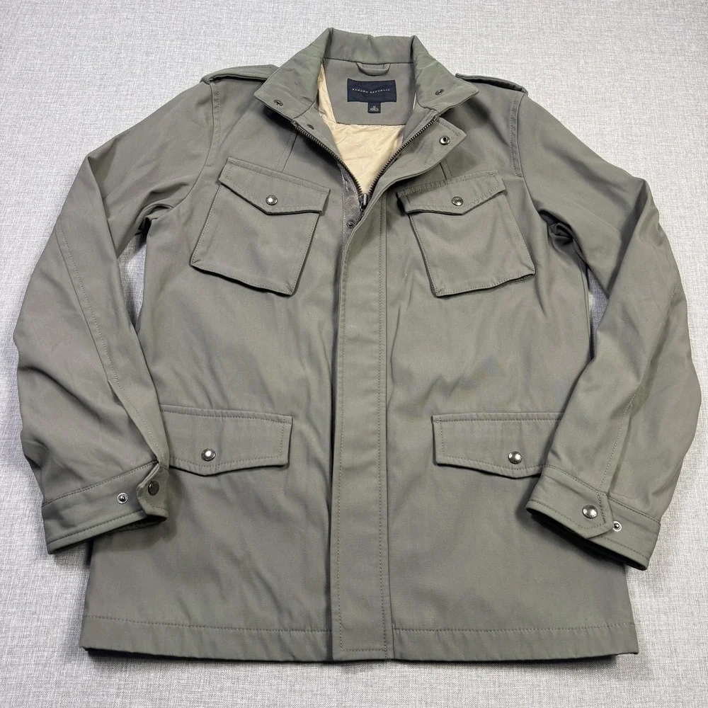 Banana‎ Republic Military Jacket Mens Medium Green Lined Full Zip Pockets Canvas